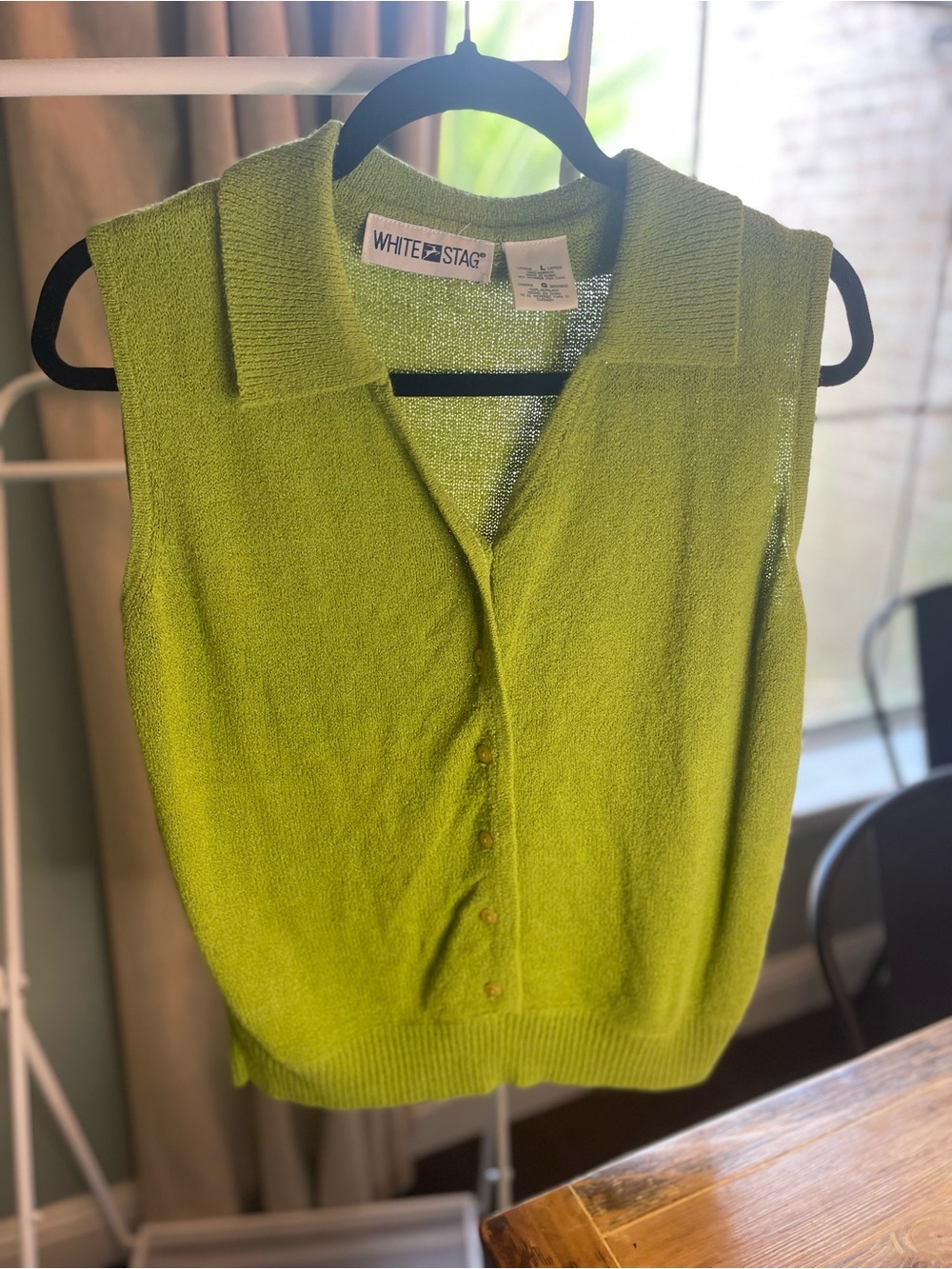 White Stag Lime Green Sleeveless Sweater Vest Button Front Collared Y2K Size L